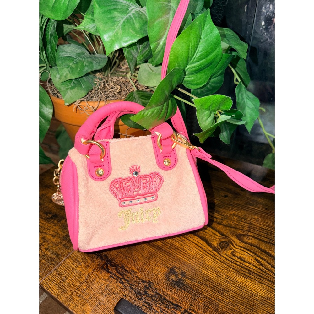 Juicy Couture Mini Satchel Bag Women Pink Velour Crown Rhinestone Crossbody OS